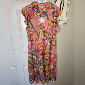 Umgee Small NWT Pink Tropical Floral Tiered Midi Dress Ruffle Sleeve Boho